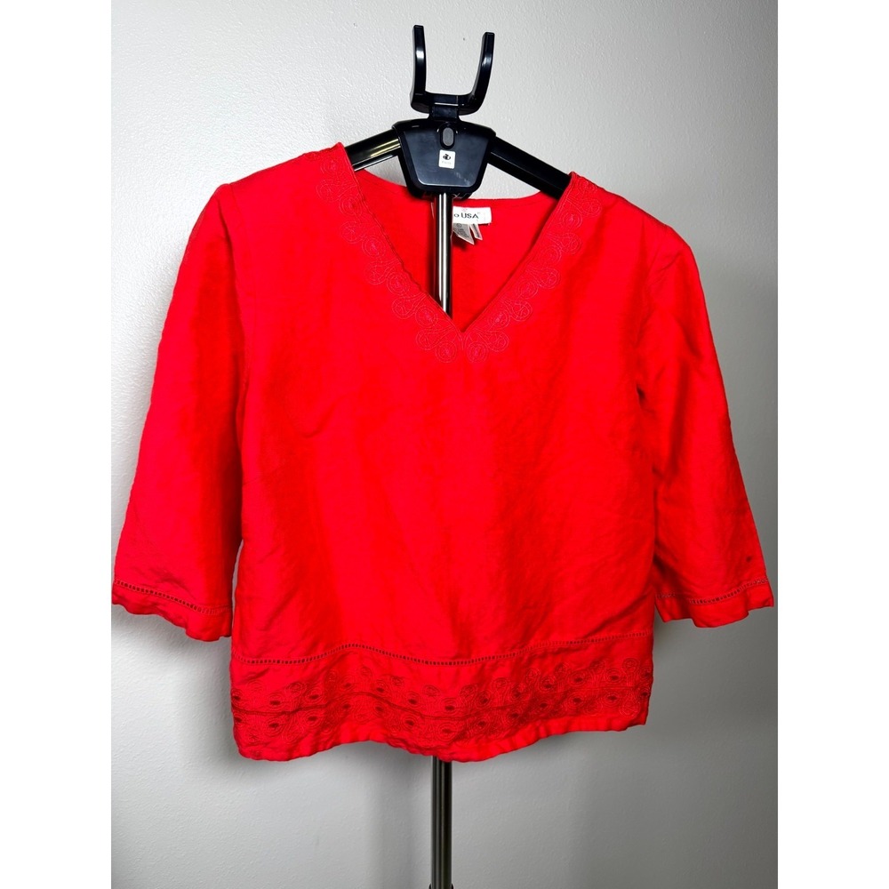Lino USA Shirt Womens L Red Linen V Neck Embroidered 3/4 Sleeve Cutwork Detail